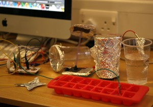 Ice cube tray attached to the MakeyMakey